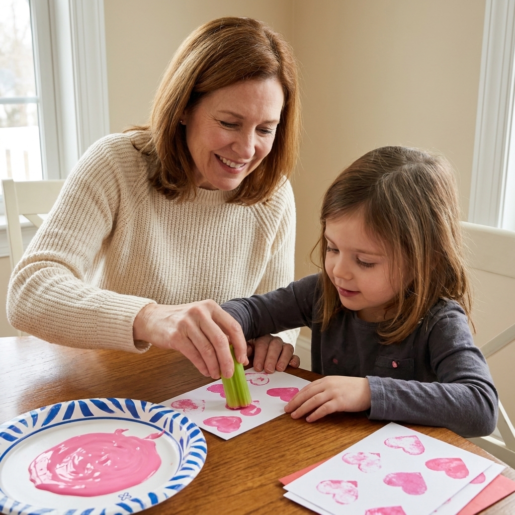 A child stamping heart shapes onto a valentine card using the cut end of a celery stalk and pink washable paint on a paper plate