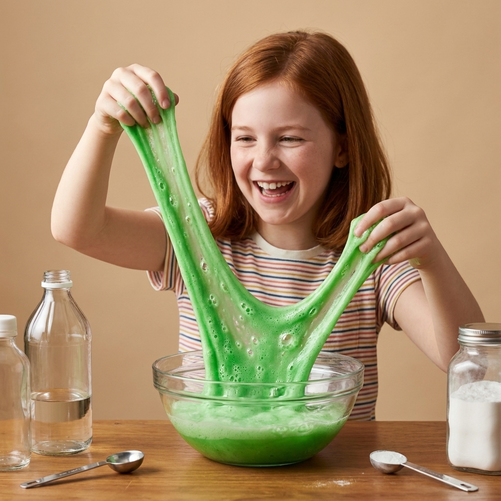 A child stretching green slime in a bowl as small bubbles form on the surface from vinegar reacting with baking soda