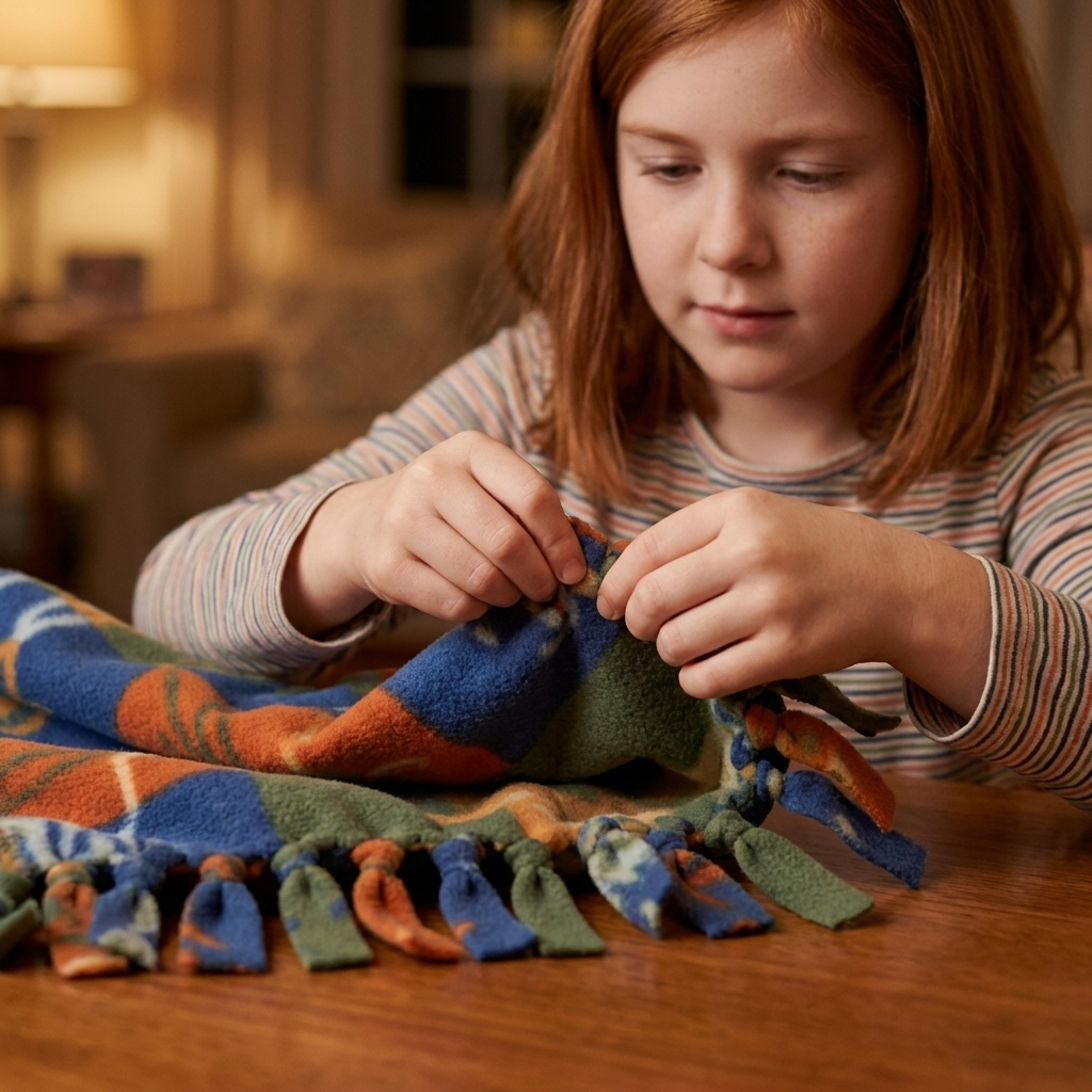 A child tying fringe on a colorful fleece scarf spread across a table, showing hands working and the scarf partially finished