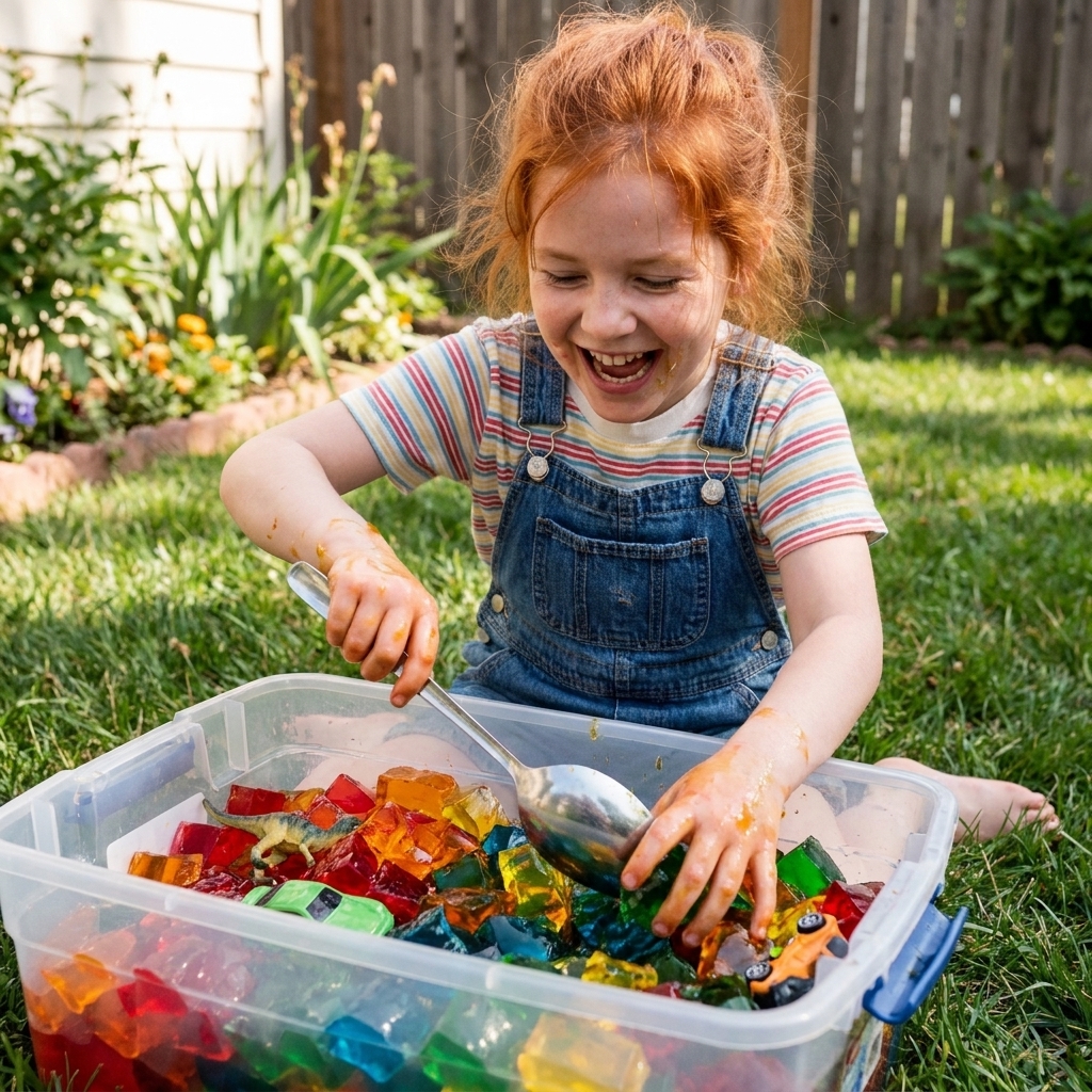 A child using a spoon to dig through colorful gelatin chunks in a plastic bin outside to find small hidden toys