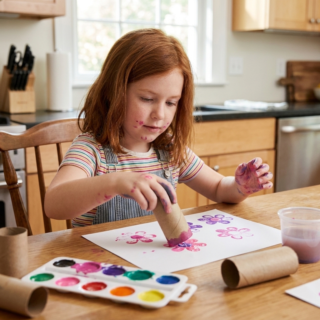 A child using a toilet paper roll dipped in washable paint to stamp flower shapes on white paper at a kitchen table