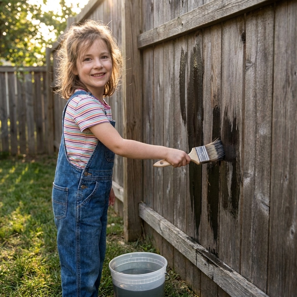 A child using a wide paintbrush dipped-in-water to paint strokes on a wooden backyard fence