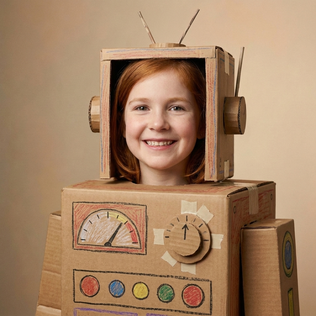 A child wearing a cardboard box robot costume decorated with markers and taped-on cardboard details