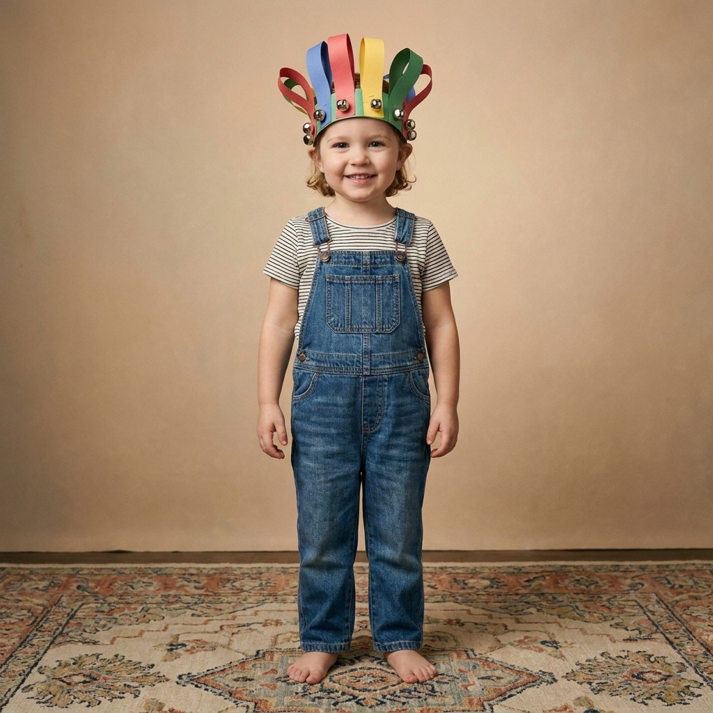 A child wearing a colorful paper band with jingle bells attached, standing on a living room rug