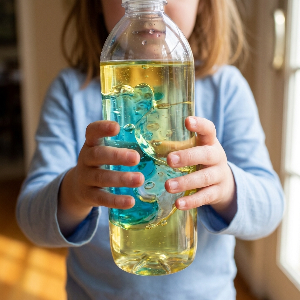 A child’s hands holding a clear plastic bottle filled with oil and blue-tinted water blobs swirling slowly inside