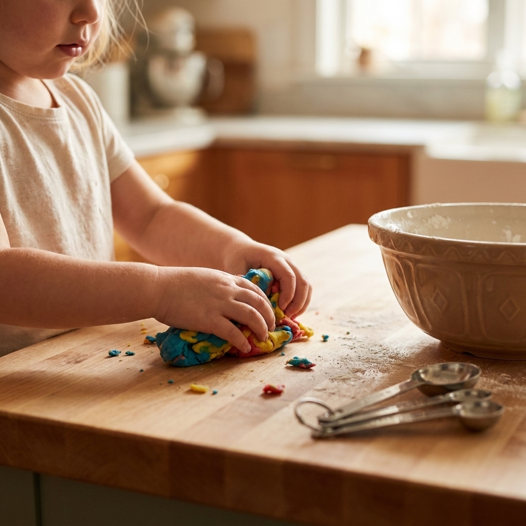 A child’s hands kneading soft playdough on a kitchen counter while a mixing bowl and measuring spoons sit nearby