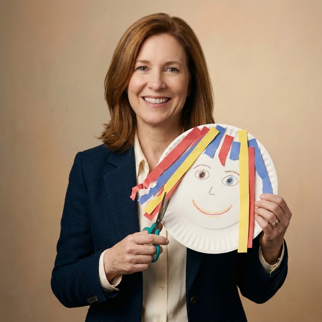 A child’s paper face craft with glued-on paper strips as hair, partially trimmed with small scissor snips
