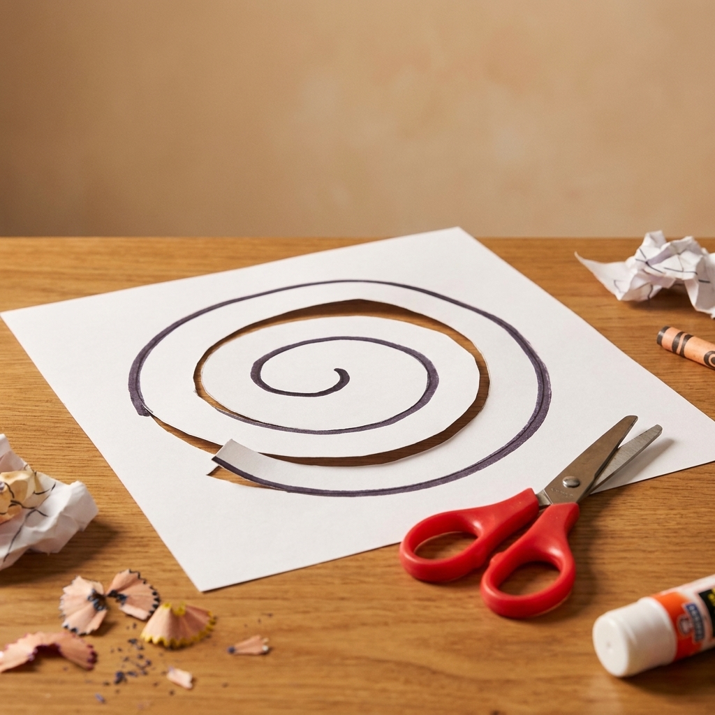 A child’s spiral paper cutout next to safety scissors on a craft table, showing a thick marker spiral path
