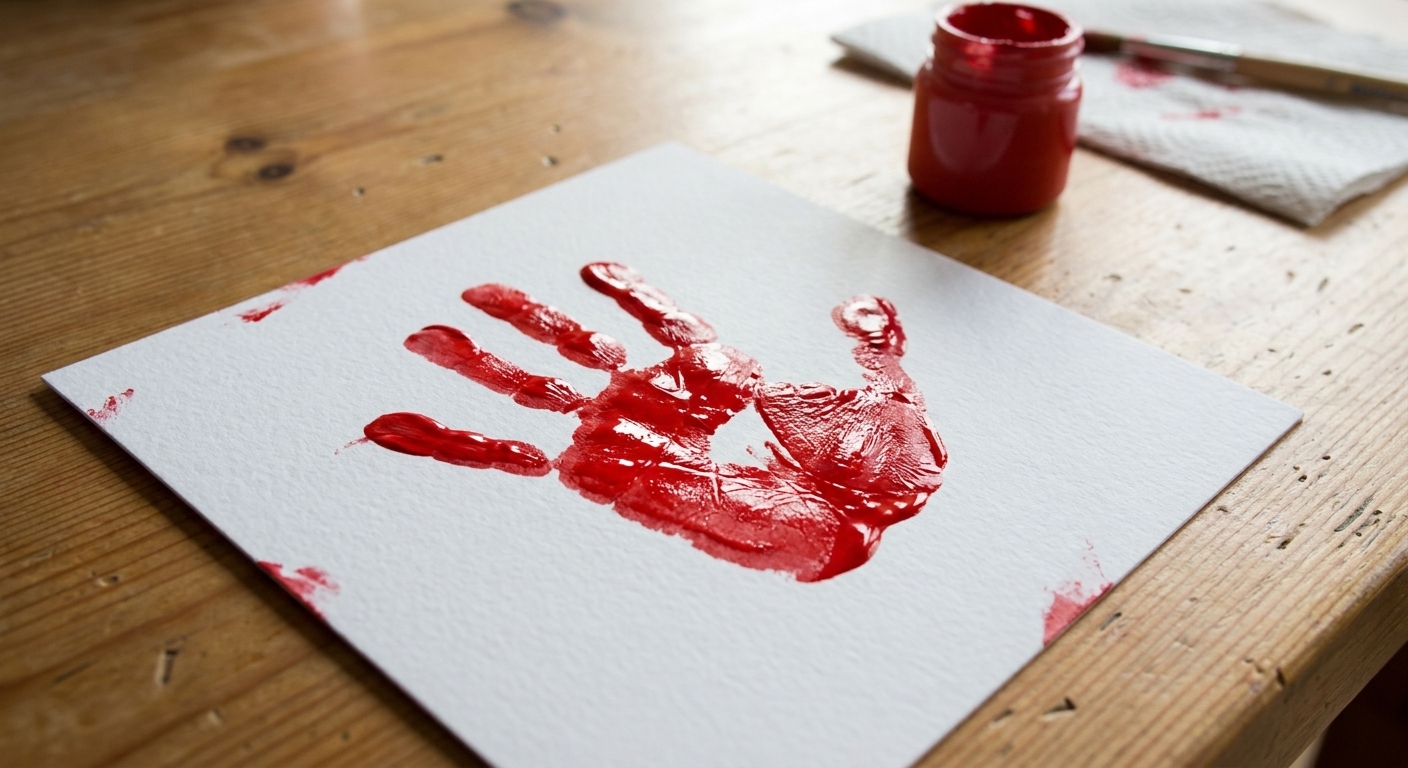 A clean toddler handprint in red paint on thick white cardstock drying flat on a table