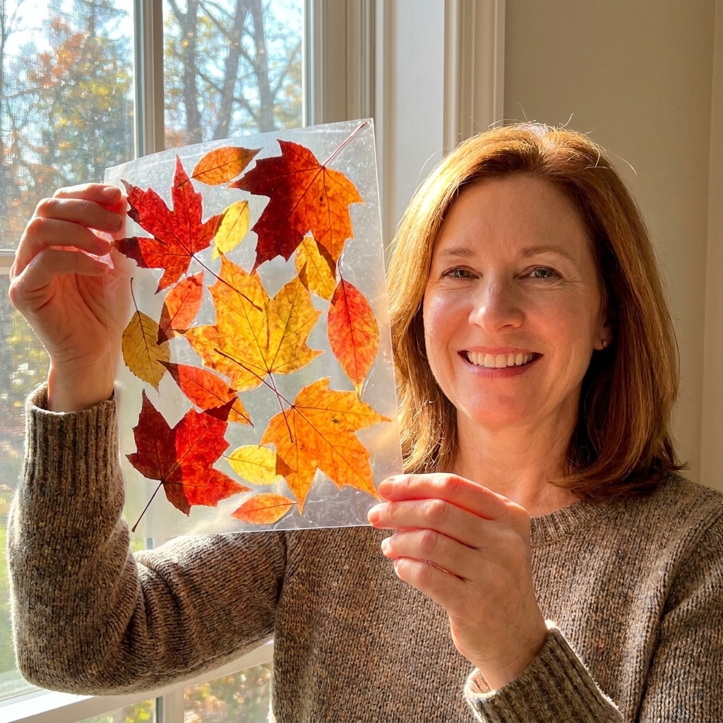 A clear contact paper sun-catcher filled with bright fall leaves pressed flat, held up in front of a sunlit window