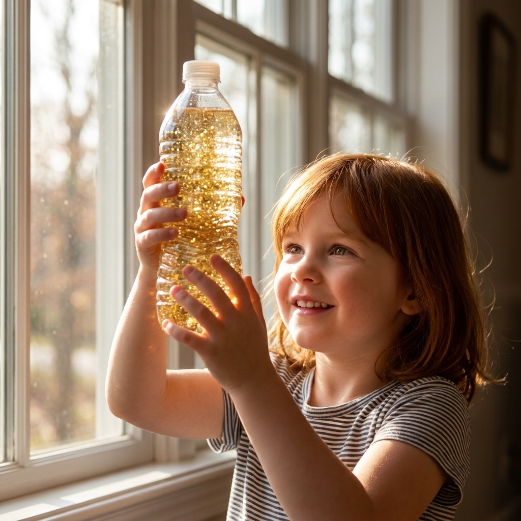 A clear plastic bottle filled with water and gold glitter swirling inside as a child holds it up near a window