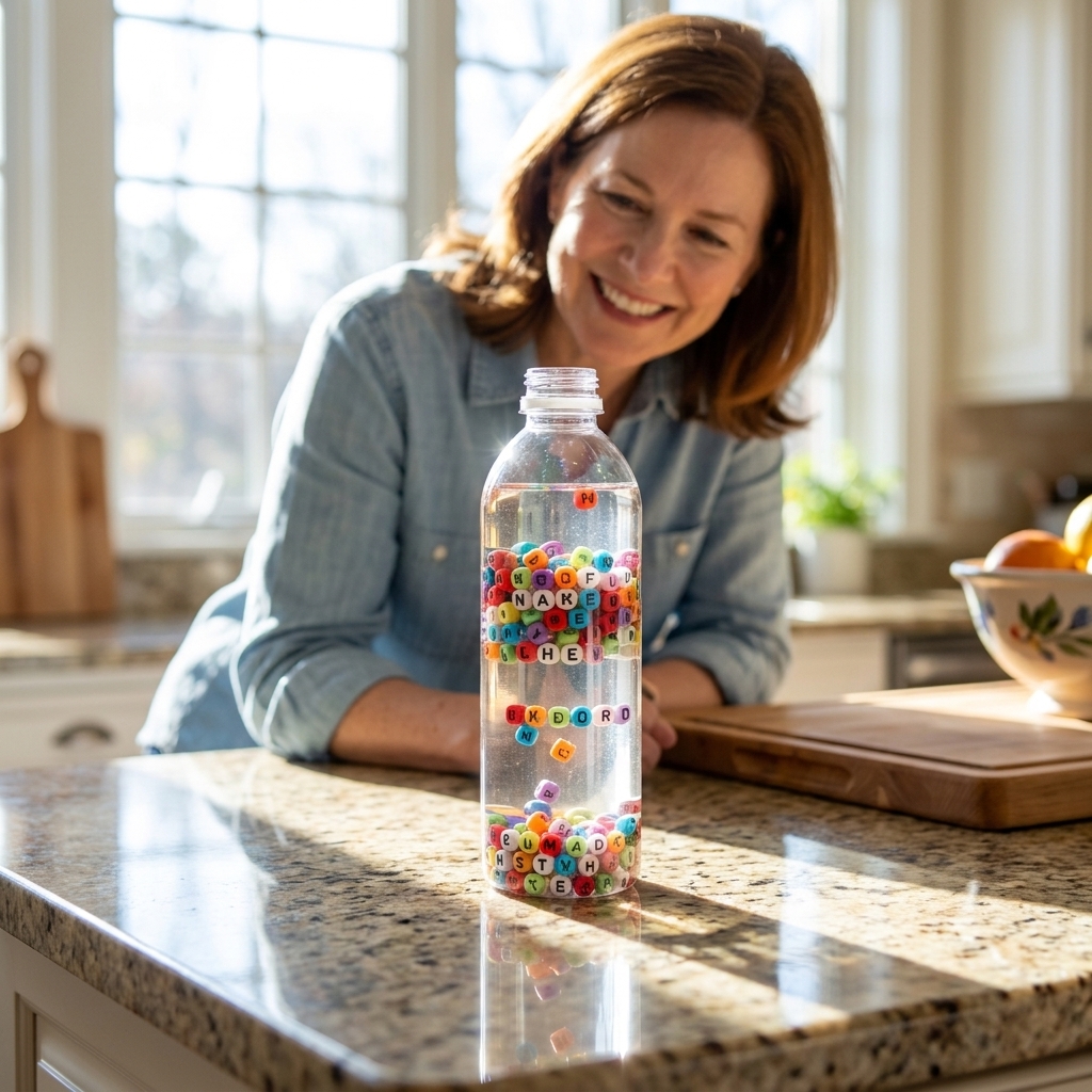 A clear plastic sensory bottle filled with colorful letter beads and water on a bright kitchen counter with sunlight