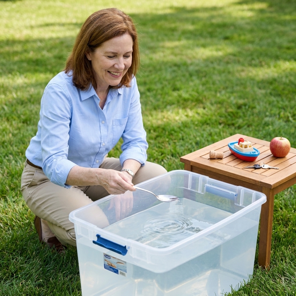 A clear plastic tub filled with water outdoors with small household objects nearby for a sink or float experiment