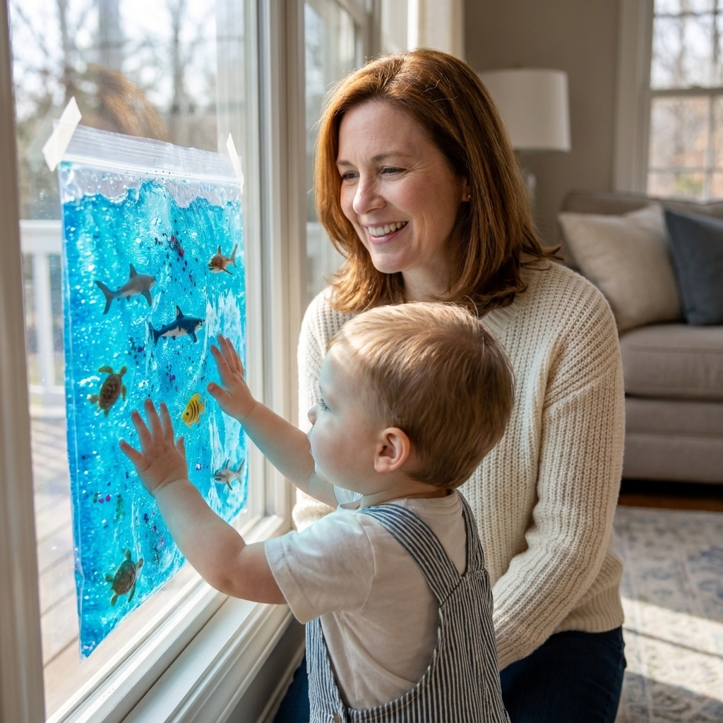 A clear sealed sensory bag filled with blue gel and small plastic ocean animals taped flat to a window for a toddler to explore
