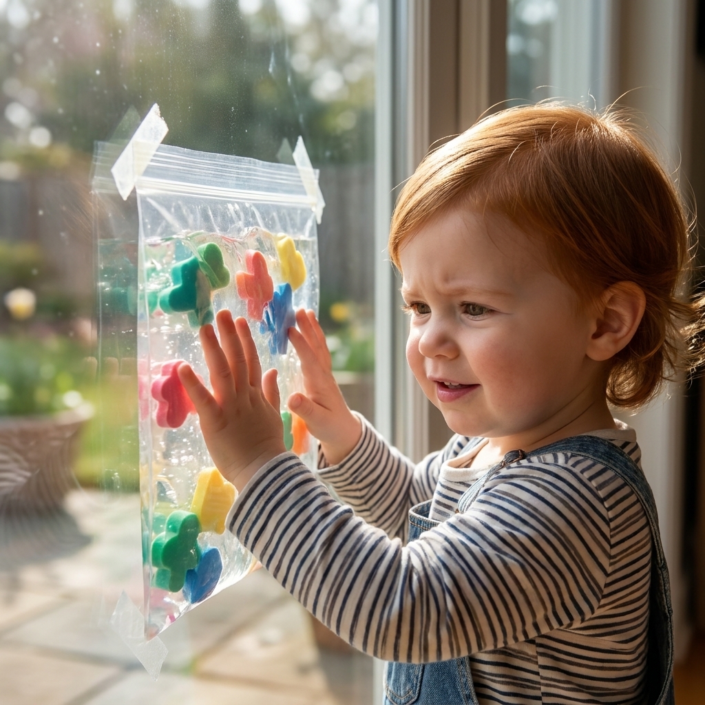 A clear sensory bag filled with gel and colorful foam shapes taped to a bright window while a toddler presses it with both hands