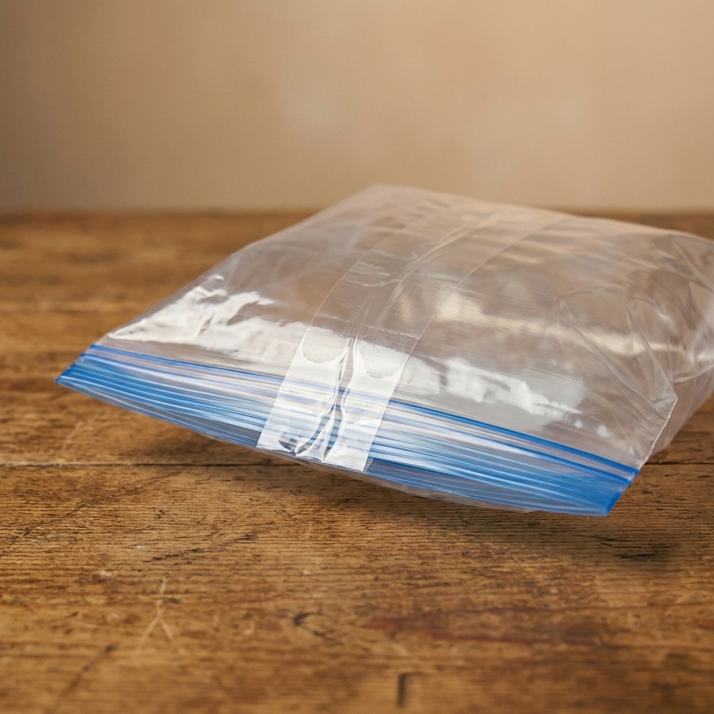 A close-up photo of a freezer zip-top bag sealed shut with a wide strip of clear packing tape across the zipper edge on a wooden table