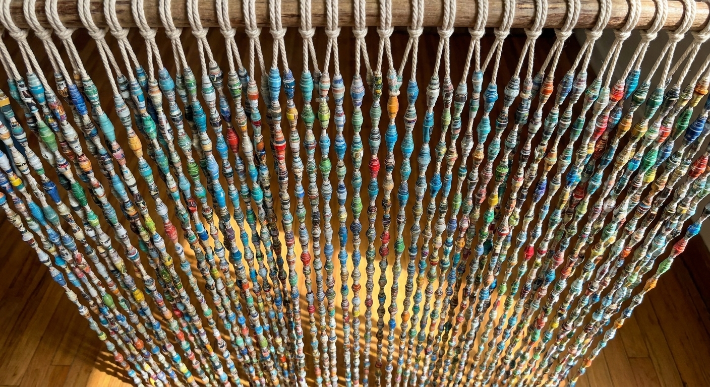 A colorful hanging curtain made from rolled paper beads strung vertically on cords