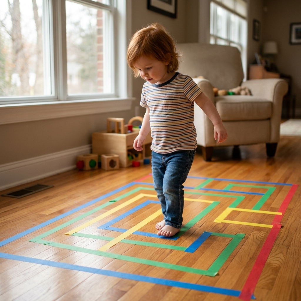 A colorful painter's tape maze on a hardwood floor with a preschool child stepping carefully along the taped path