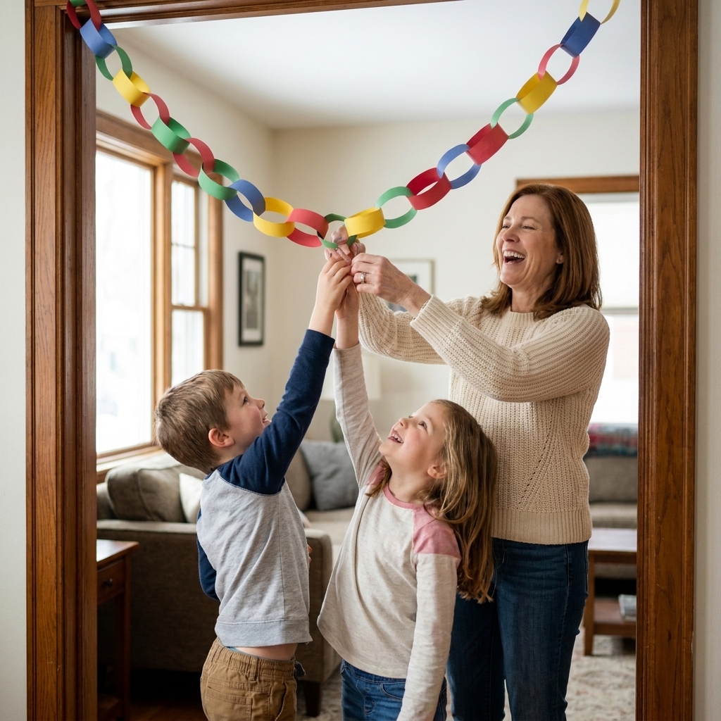 A colorful paper chain hanging from a doorway with children reaching up to remove a link