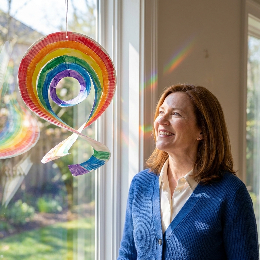 A colorful paper plate cut into a spiral and hanging by a string near a bright window, gently twisting in the light