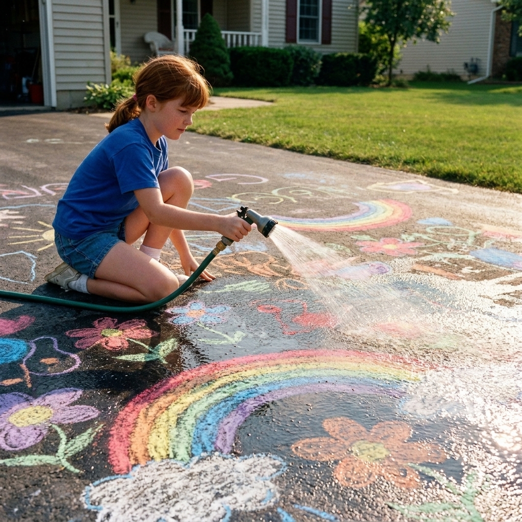 A driveway covered in bright sidewalk chalk with a child spraying water to make the colors turn vivid and glossy