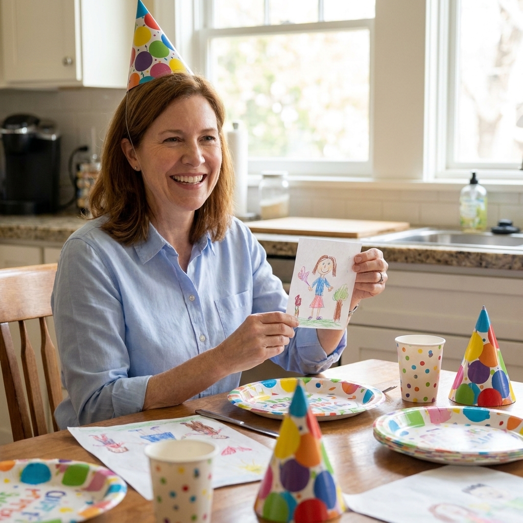 A family kitchen table set for a kid-friendly celebration with paper hats, cups, and simple crafts in daylight