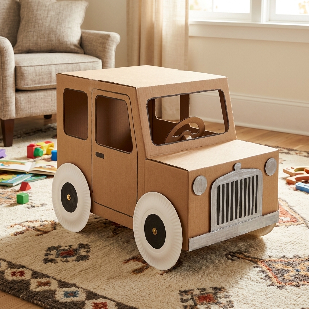 A finished cardboard box car with four paper plate wheels and a painted front grill sitting on a living room rug, ready for pretend play