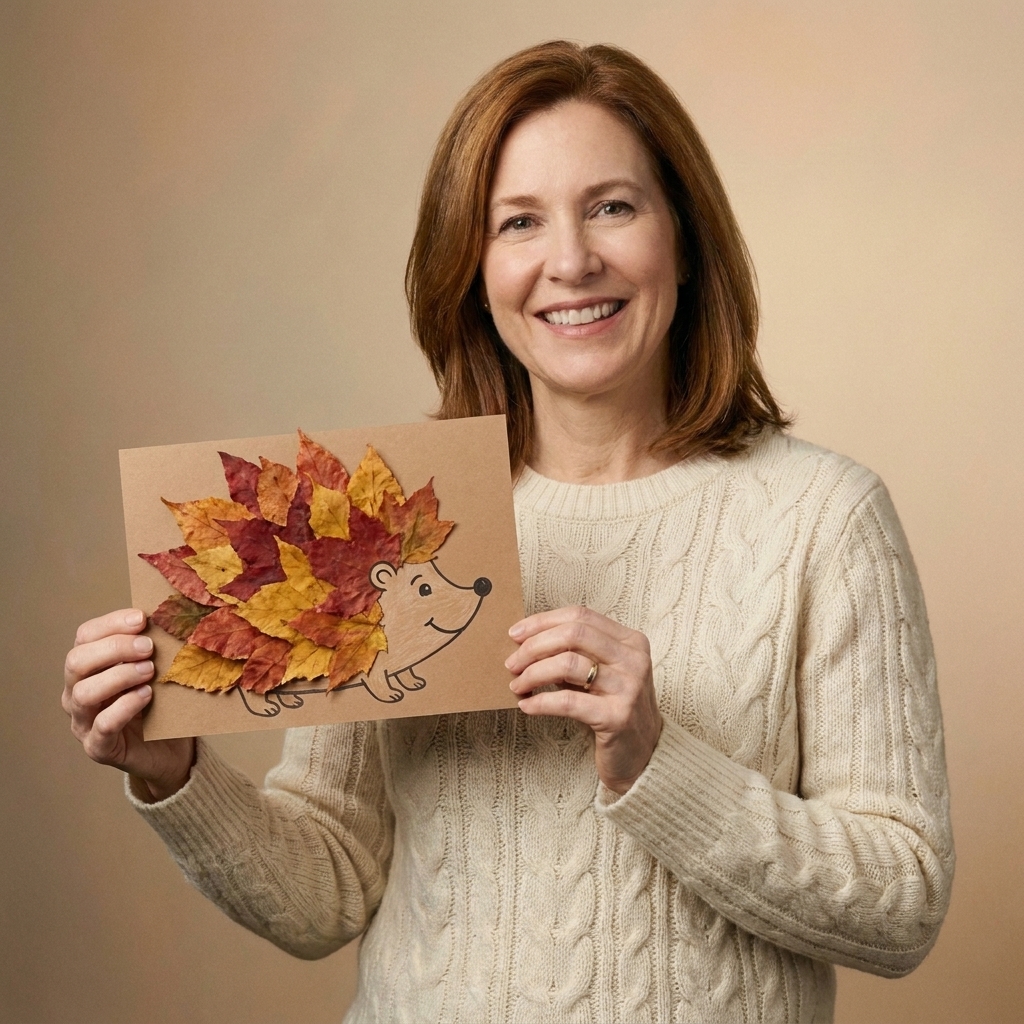A finished leaf hedgehog craft on brown cardstock with layered autumn leaves forming spikes and a drawn smiling face