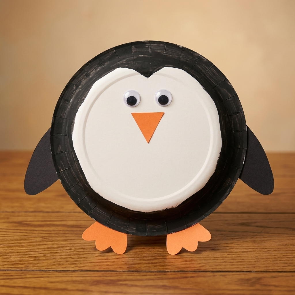 A finished paper plate penguin craft with a white belly, orange beak and feet, and black flippers on a wooden table