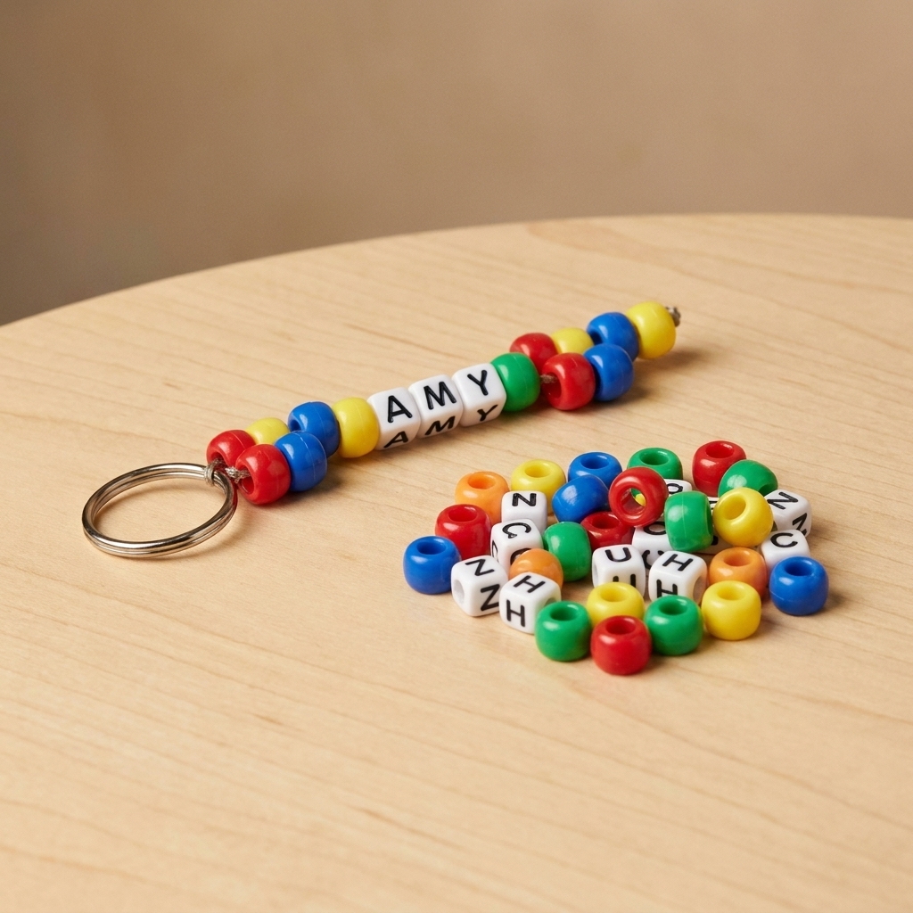 A finished pony bead keychain with bright beads and letter beads resting on a tabletop next to a small pile of extra beads