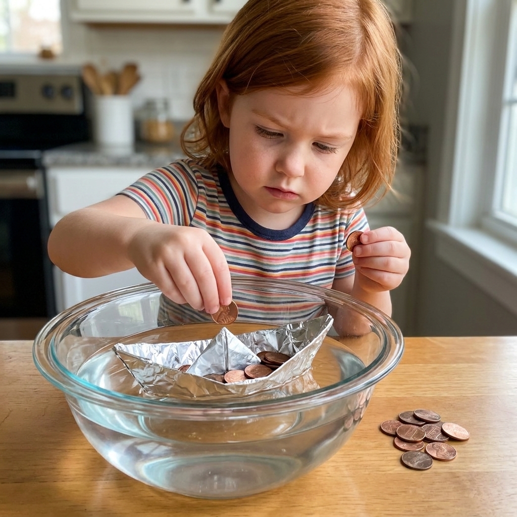 A foil boat floating in a mixing bowl of water while a child carefully adds pennies to see when it sinks