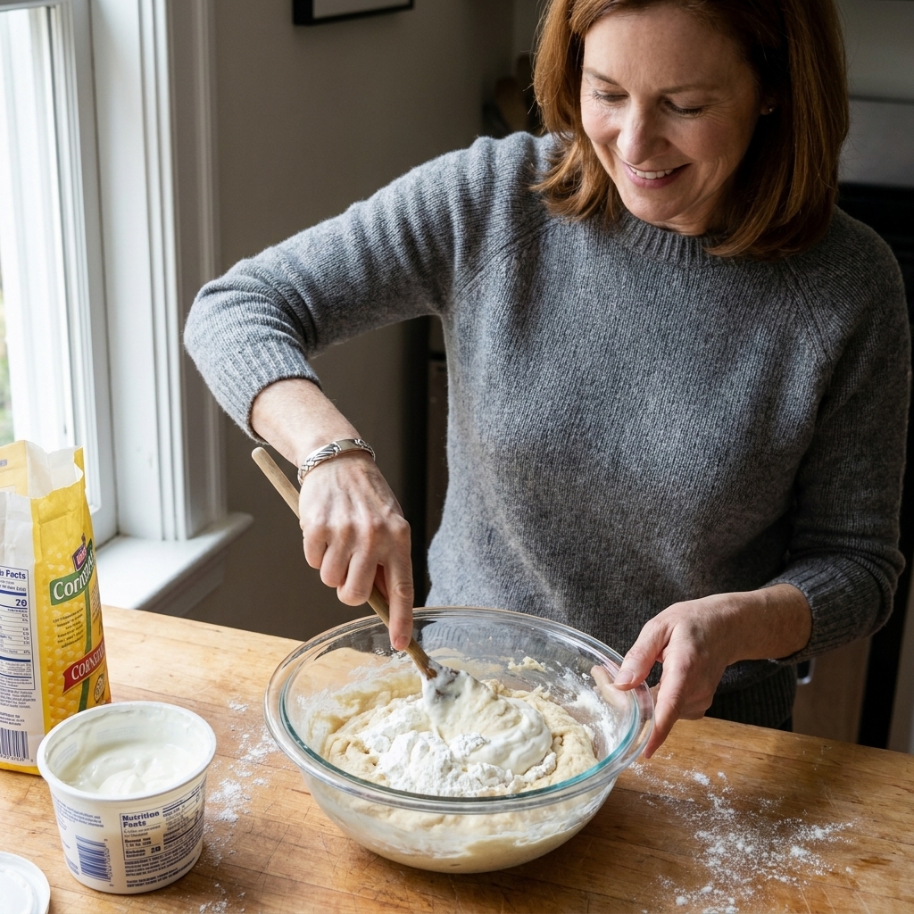 A glass bowl with Greek yogurt and cornstarch being stirred into a soft, white dough on a wooden countertop