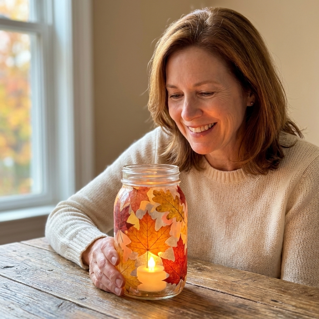 A glass jar covered with autumn leaves glowing softly from a battery tea light on a wooden table