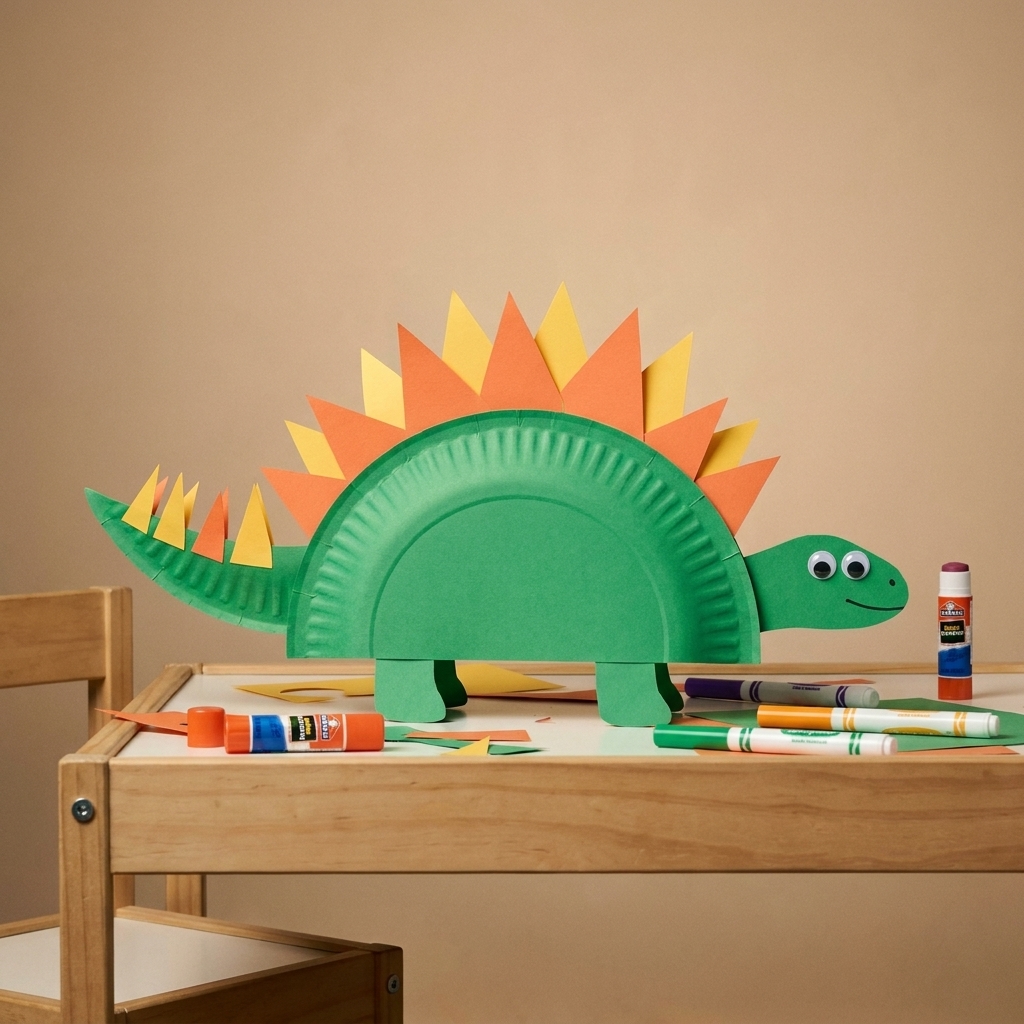 A green paper plate stegosaurus craft with paper back plates along its spine, sitting on a child craft table
