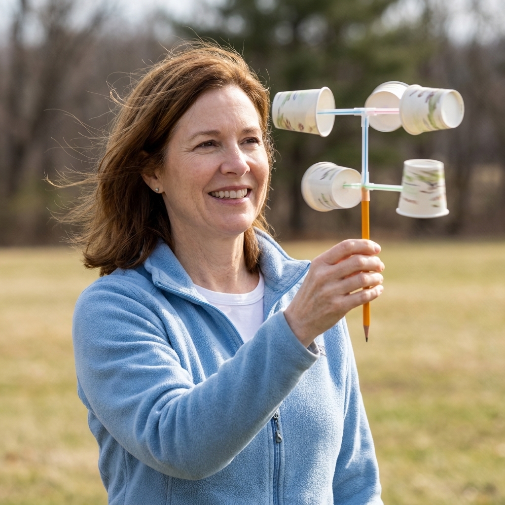 A handmade anemometer with four small paper cups attached to straws, pinned to a pencil, being held outdoors on a breezy day