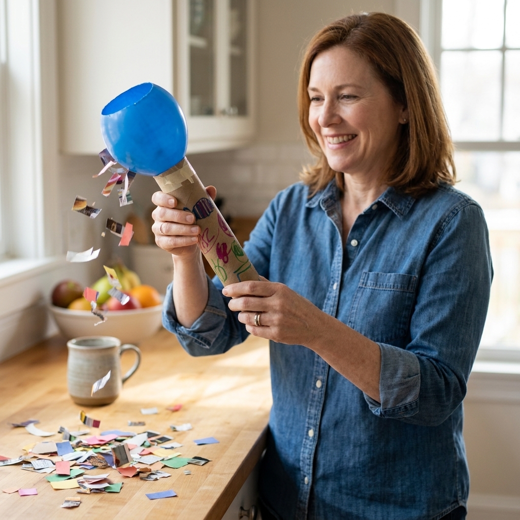 A handmade confetti popper made from a toilet paper roll and balloon, filled with paper confetti, on a kitchen counter