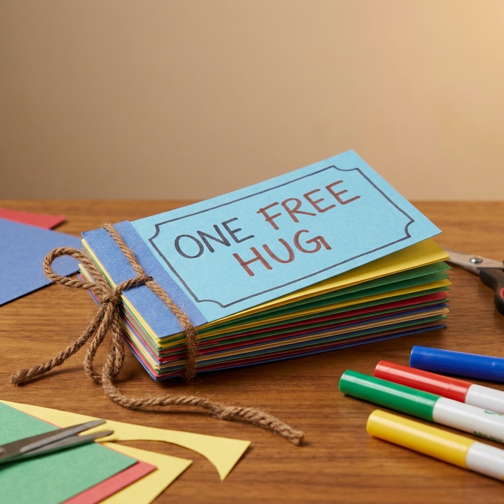 A handmade coupon book made from colorful paper with a tied yarn spine, sitting on a table with markers nearby