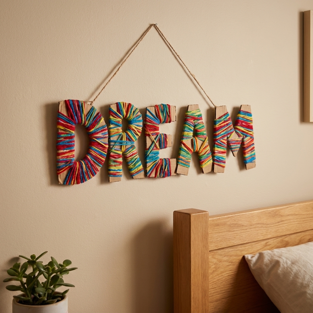 A handmade wall sign shaped from cardboard and wrapped with bright yarn, hanging on a bedroom wall