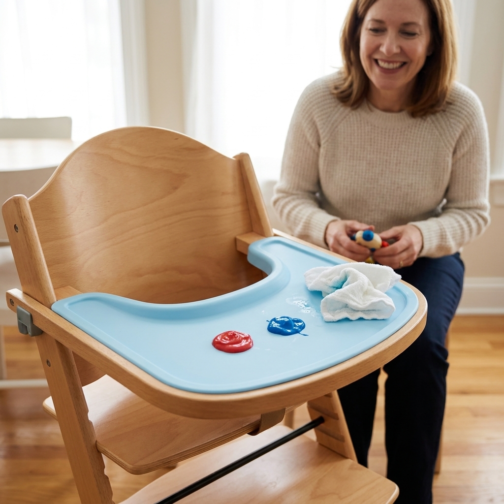 A high chair with a silicone mat on the tray, two small blobs of edible finger paint, and a damp washcloth ready for quick cleanup