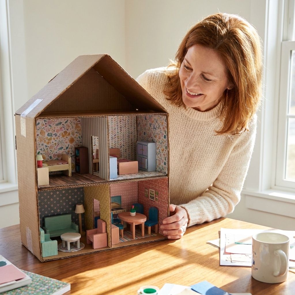 A homemade cardboard dollhouse with two levels and patterned paper walls sitting on a table