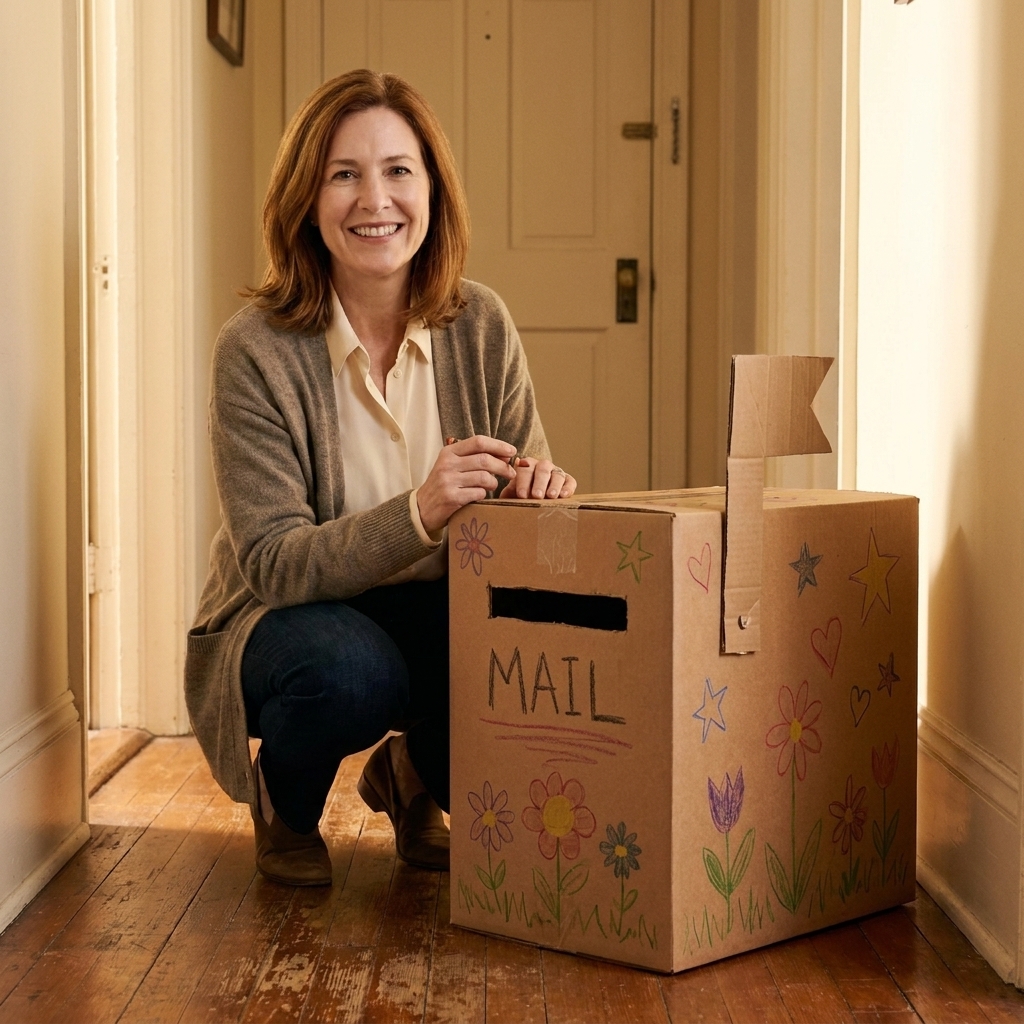 A homemade cardboard mailbox with a cut mail slot and hand-drawn decorations, sitting in a hallway for pretend play