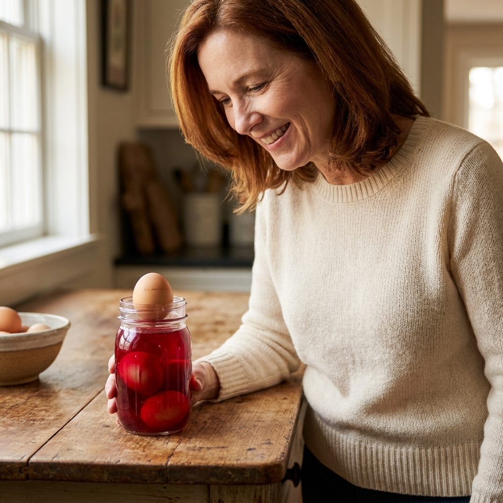 A jar of rosy beet dye with an unpeeled hard-boiled egg partially submerged, sitting on a kitchen table