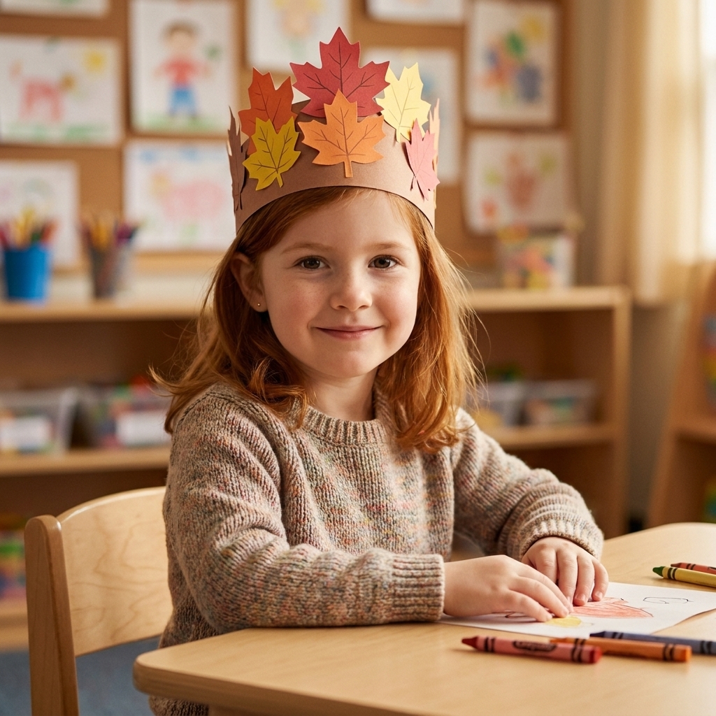 A kindergarten child wearing a paper crown decorated with colorful fall leaves while sitting at a classroom table