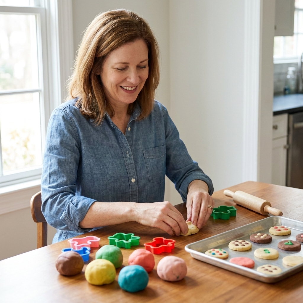 A kitchen table set up with homemade playdough, simple cookie cutters, a child-safe rolling pin, and a small tray ready for pretend baking