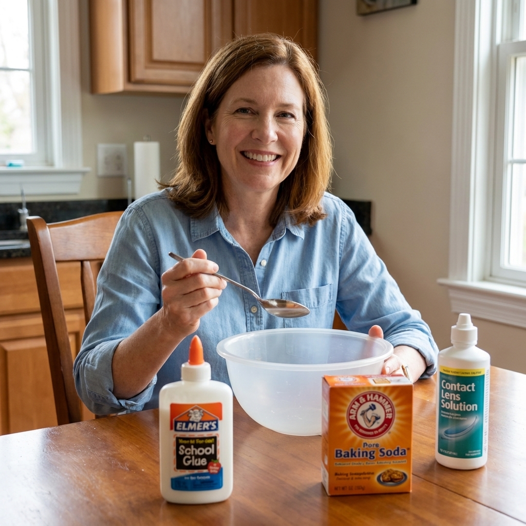 A kitchen table setup with a mixing bowl, spoon, white school glue, baking soda, and contact lens solution ready for making slime