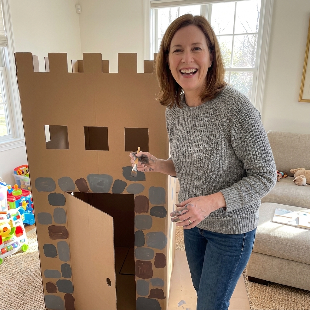 A large cardboard box castle with cut-out doorway and simple square windows, decorated with child-painted stone shapes, set up in a family room