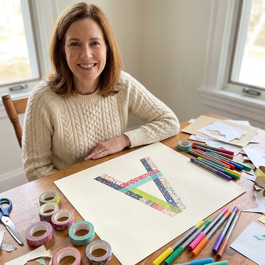 A large paper with colorful washi tape arranged into a big capital letter, with markers nearby on a messy craft table
