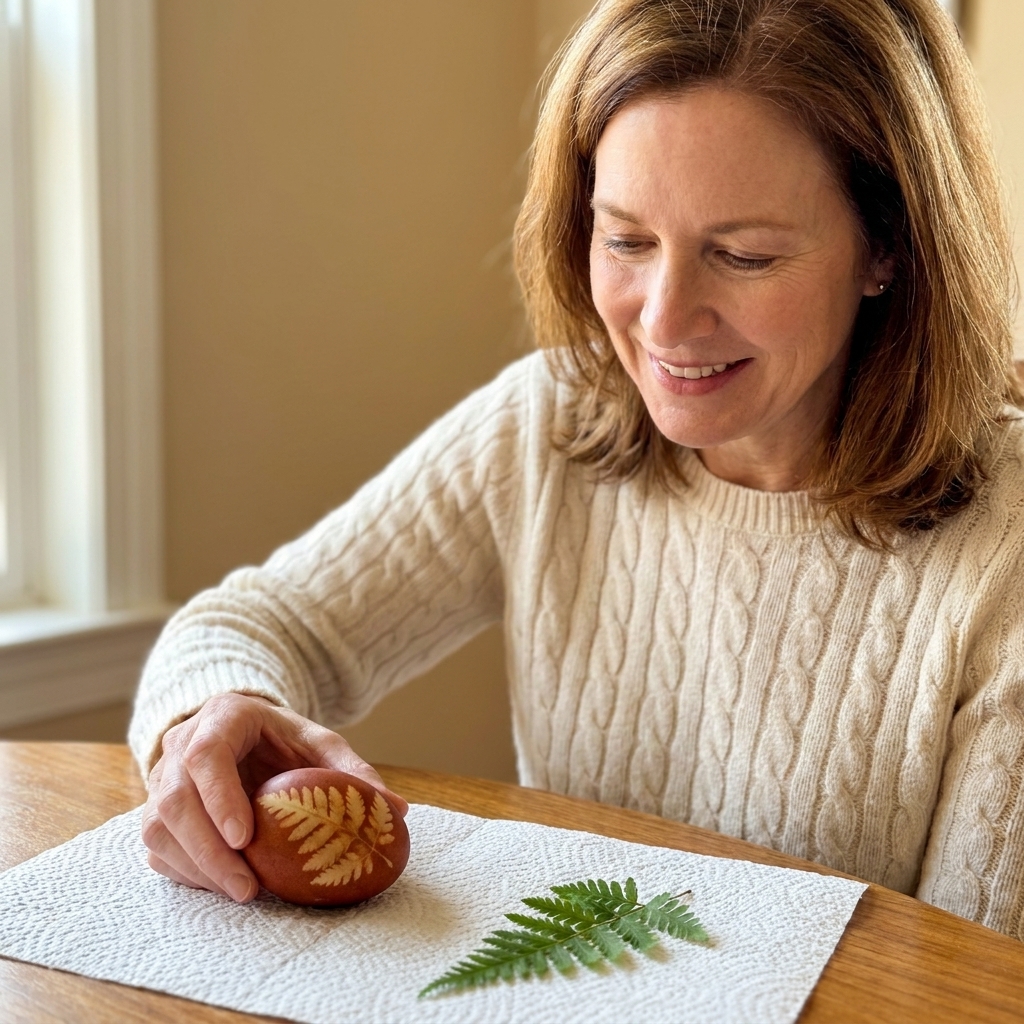 A naturally dyed egg with a clear leaf silhouette pattern resting on a paper towel beside a small green leaf