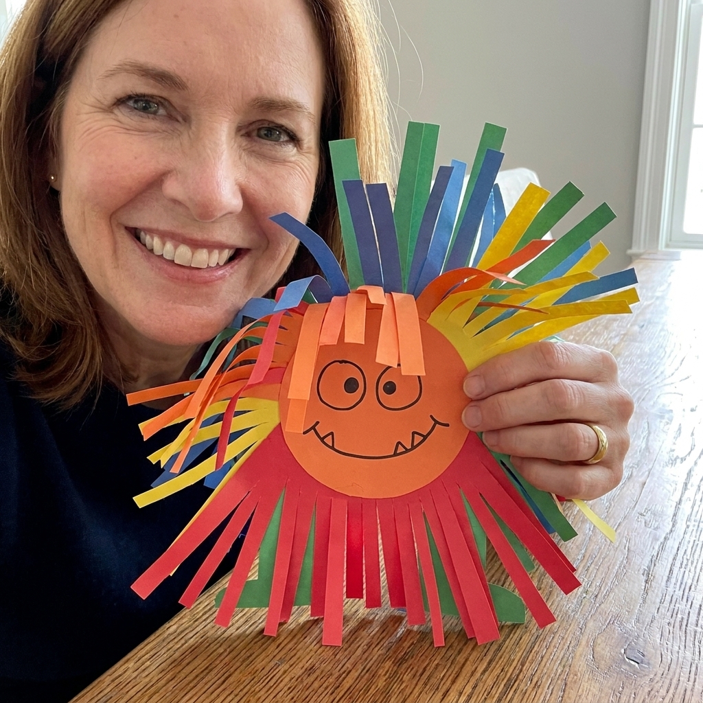 A paper fringe monster craft on a table, made from bright construction paper with a drawn face and fringed strips cut as hair