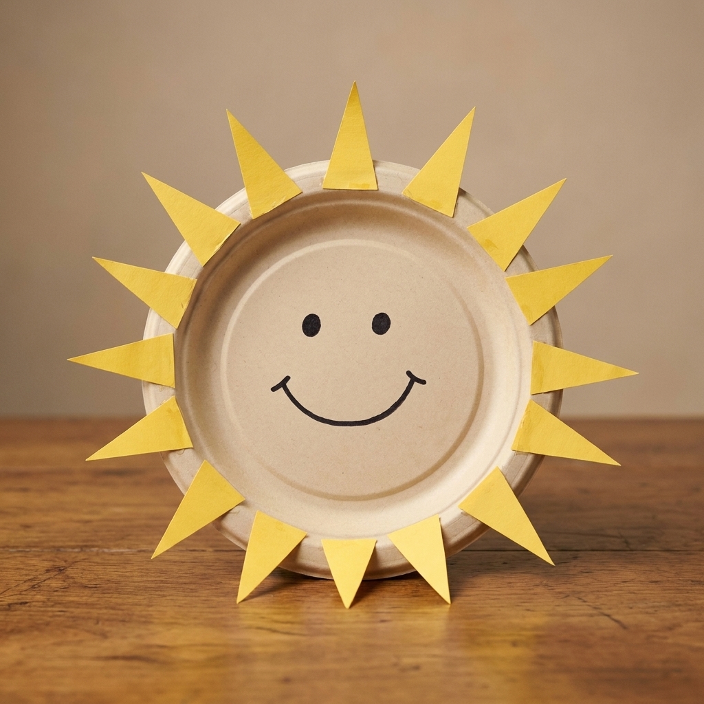 A paper plate sun craft on a table with a drawn smiling face and yellow paper rays glued around the edge